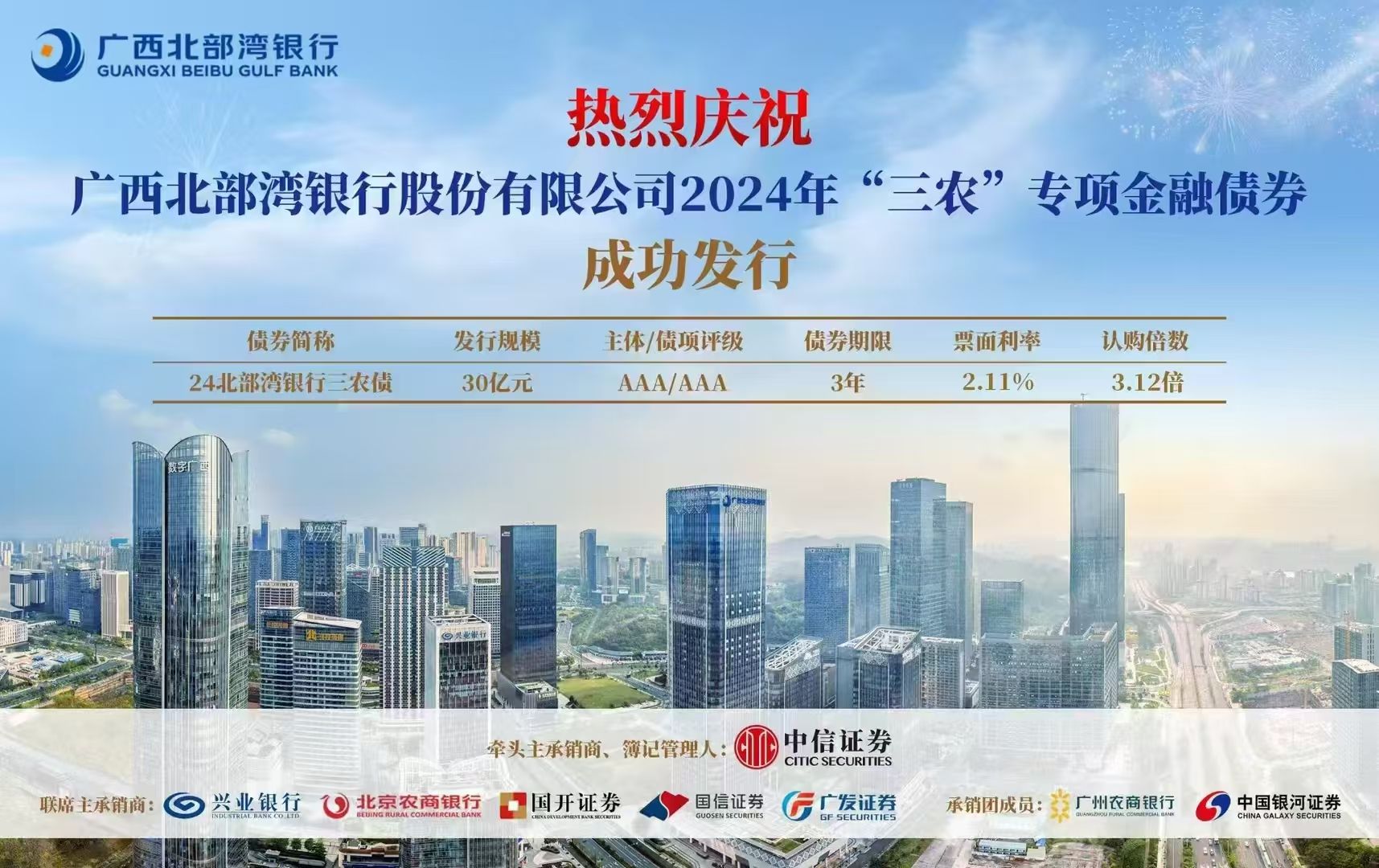 广西北部湾银行成功发行2024年“三农”专项金融债券